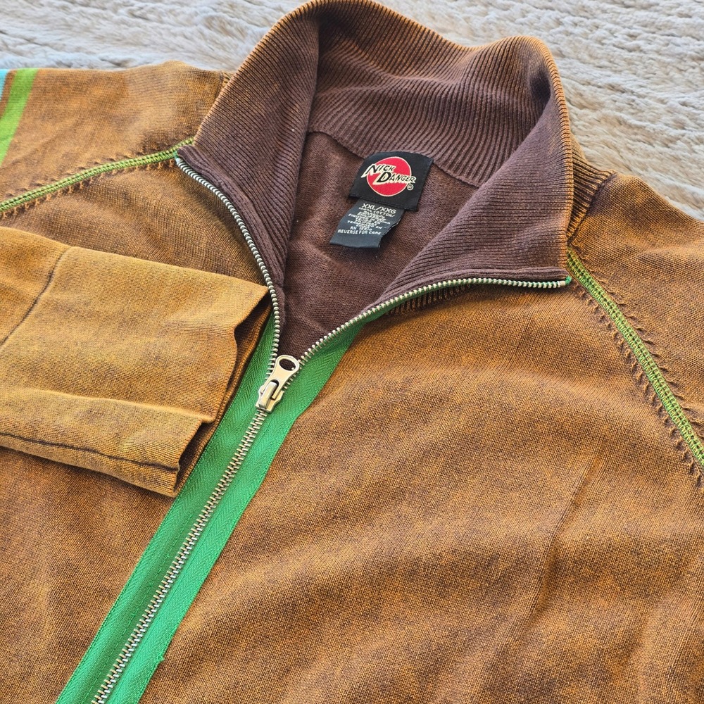 Nick Danger Vintage Mens XXL Full Zip Cotton Sweater Brown Striped Acid‎ Wash